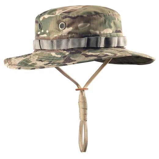 Boonie Hat Tactical Ripstop Headwear Bucket Hat with Map Pocket Chin Strap for Wargame Sports Hunting Fishing UV Protection Cap with Oversized Brim for Outdoor Military Hat with Brass Vents (CAMO)