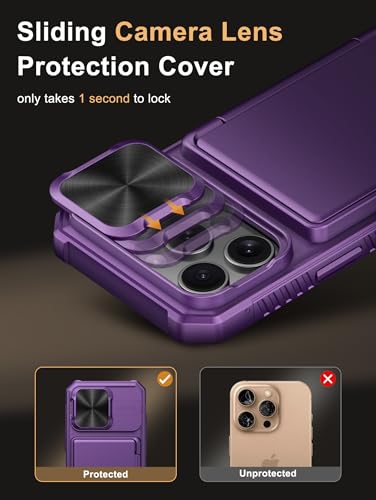 Image of Vihibii for iPhone 16 Pro Case Wallet with Card Holder (4 Cards) [RFID Blocking] & Slide Camera Cover, Military Grade Drop Protection, Hard Back & Silicone Edge Phone Cover, 6.3 inch 2024, Dark Purple