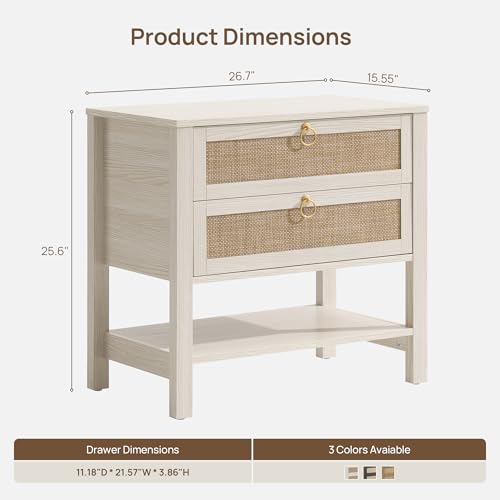 Image of SICOTAS Boho Rattan Nightstand Set of 2, 26.7 inch Extra Wide Bedside Table with 2 Drawers & Open Shelf, White Oak Large Side Table for King Size Bed, Modern Coastal End Table for Master Bedroom