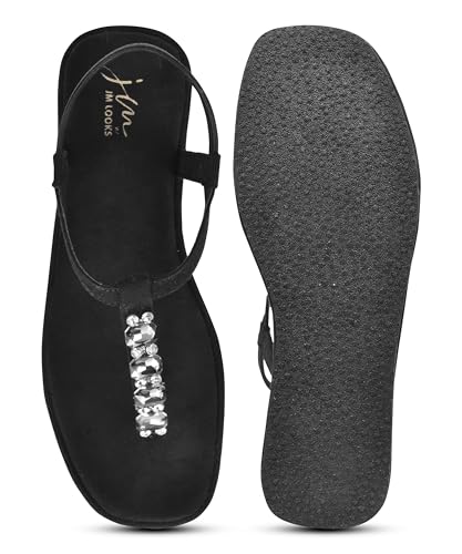 Image of JM LOOKS Soft Material Platform Wedge Sandals with Crystal T-Strap Detail and Secure Elastic Ankle Support