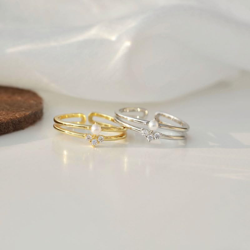 Cubic Zirconia Rings For Women, Pearl Ring Trendy Crown Shape Copper Non Tarnish Stackable Engagement Statement Birthday Open Adjustable Jewelry Gift - Image 4