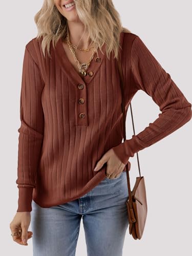 MEROKEETY Women's 2025 Long Sleeve V Neck Ribbed Button Knit Sweater Solid Color Tops4