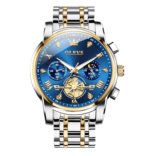 Image of OLEVS Men Watches Stainless Steel Chronograph Watch, Large Wrist Analog Quartz Watch, Fashion Waterproof Diamond Roman Numerals Dress Watches for Men, Gold /Black /White /Blue /Grey Dial