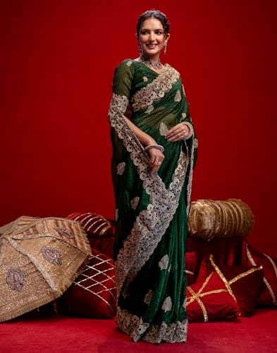 Image of SIRIL Women's Shimmer Chiffon Sequence Embroidery Saree With Unstitched Blouse Piece for Wedding and Parties