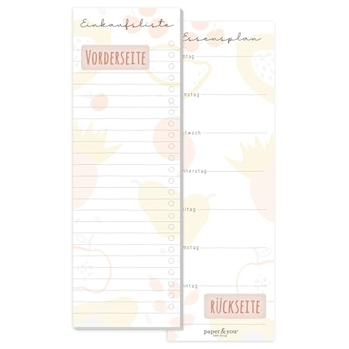 paper&you® Einkaufsliste Block 'Fruity' mit Magnet, 50 Blatt im Hochformat - Einkaufszettel Notizblock inkl. Essensplaner auf der Rückseite - nachhaltig & klimafreundlich