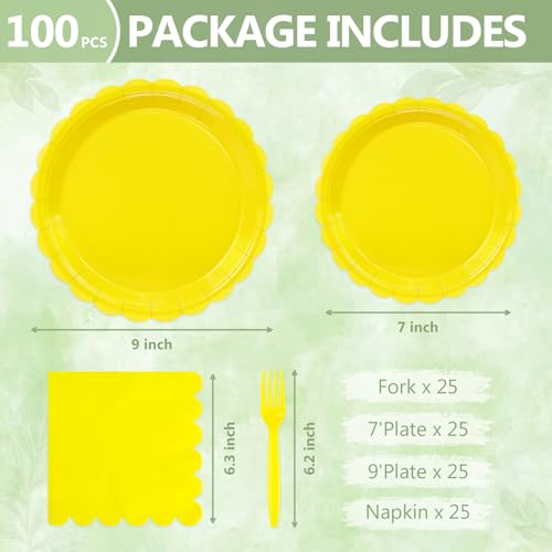 Image of 100 Cute Yellow Paper Plates and Napkins Disposable for Party, 25-9 inch&25-7 inch