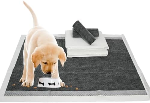 Training Pads for Small Dogs, Black Charcoal Super Absorbent and Leak Proof Pee Pad, Odor Control Dog Potty Pads, Thick & Resistant Quick Dry Disposable Pads, 4 Corners Adhesive Stripes, Pack of 50