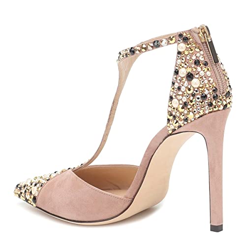 FSJ Women Charm T Strap Sandals Stilettos High Heels Pointed Closed Toe Pumps Back Zipper Ladies Girls Party Prom Wedding Dress Shoes Size 4-15 US3