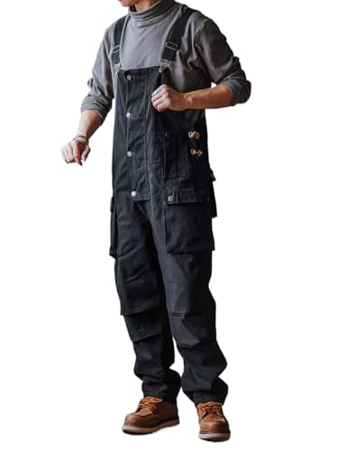 Dcincell Men's Bib Overalls Loose Fit Canvas Coveralls Workwear Dungarees Jumpsuit with Flap Cargo Pockets, Black, 32