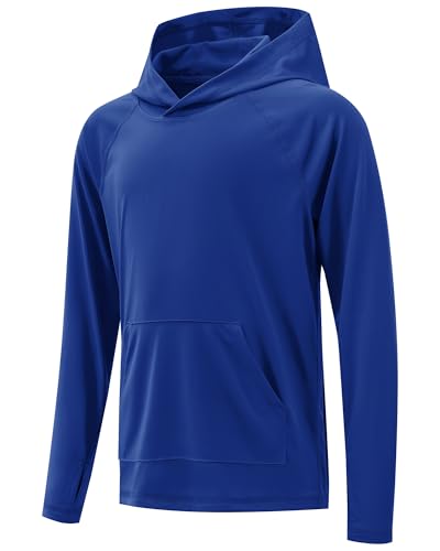 Poekuao Boys Rash Guard Hoodie Swim Shirt Long Sleeve Fishing Shirts for Kids UPF 50+ Sun Protection Quick Dry Rashguard with Pocket Nautical Blue L