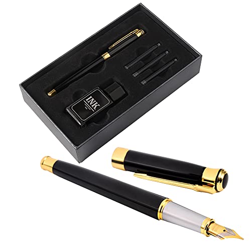 XUBX Pluma estilográfica, Juego de pluma estilográfica con 3 cartuchos de tinta y 1 botella de tinta negra, plumín mediano 0,7mm, en estuche de regalo, Pluma de escritura, Bolígrafo de negocios Cover
