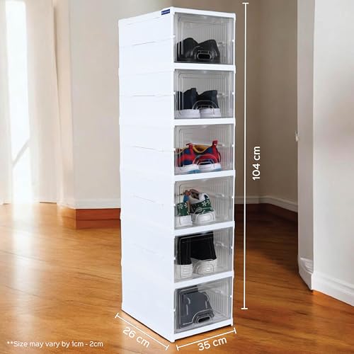 Image of HomeStrap 6 Layer Sneaker Pair Box Organizer | Stackable Shoe Storage with Transparent Front Door | Dust-Proof Shoe Box with Ventilated Back for Bedroom, Wardrobe & Entryway