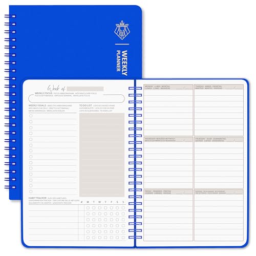 BIROYAL Agenda semanal sin fecha, A5 planificador semana vista, planner semanal con lista de tareas, gran espacio para notas, organizador diario espiral 52 hojas, weekly planner con tapa dura