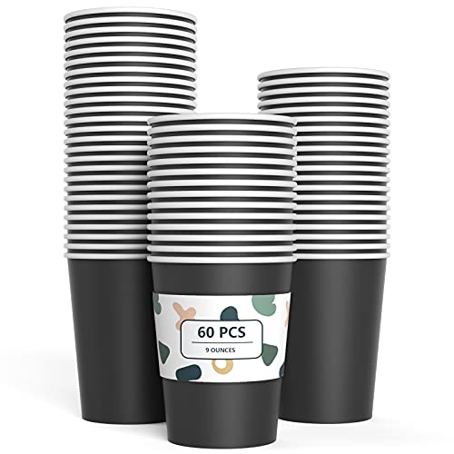 JINLE 60 Stück Schwarz Einweg Pappbecher, 250 ml Weißer Partybecher Biologisch Abbaubar Trinkbecher für Hochzeit, Kinder DIY, Partybedarf, Kaffee, Tee, Heißen und Kalten Getränken Cover