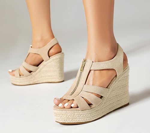 Image of Womens Front Zipper Espadrille Wedge Sandals Dressy, High Heel Platform Sandals Open Toe Slingback, Comfy Sexy Summer Wedges Sandals