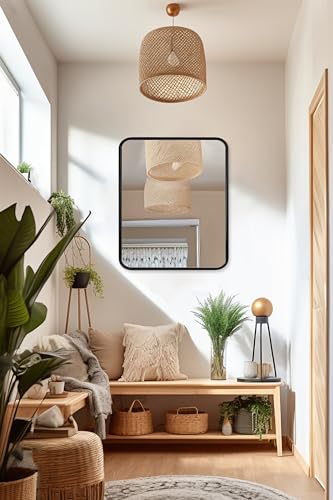 Image of ANDY STAR 28x36 INCH Black Bathroom Mirror, Black Bathroom Vanity Mirrors for Wall, Rounded Rectangle Mirror for Bathroom, Tube Metal Frame, 1'' Deep Wall Mounted Vertical /Horizontal