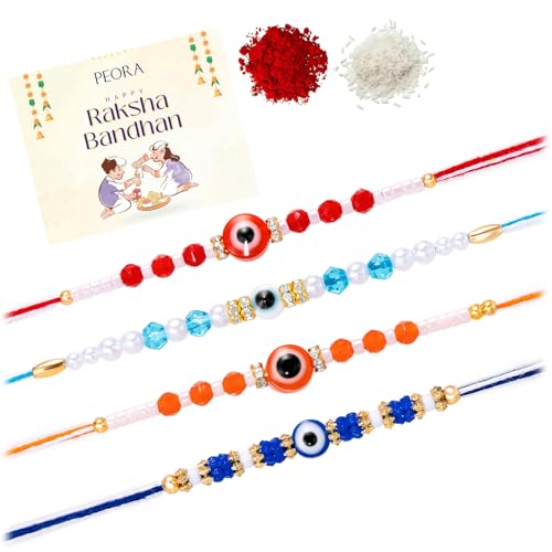 Image of Peora Evil Eye & Crystals Studded Rakhi for Brother Bhaiya | Red Thread | Raksha Bandhan Hamper with Roli Chawal Greeting Card