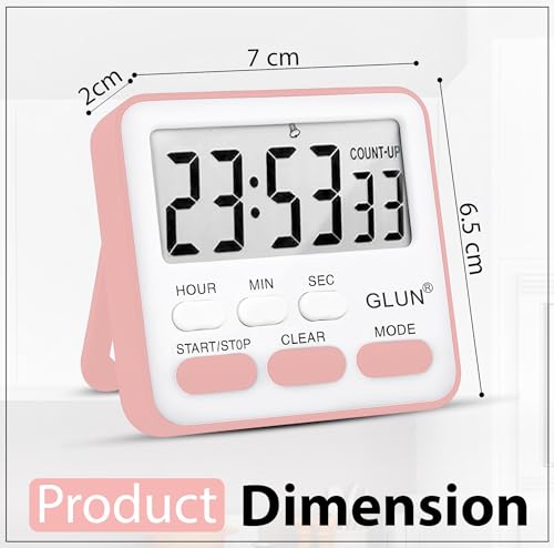Image of GLUN Digital Multi-Function Timer Clock | Magnetic Back, Loud Alarm, Large LCD Display | Countdown, Stopwatch, Stand & Hanging Hole for Kitchen & Study (Pink)
