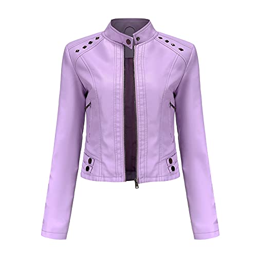 YYNUDA Veste Cuir Courte Moto Blouson à Rivet pour Femme Bomber Col Montant Jacket Similicuir Aviateur Printemps/Automne,Violet XL