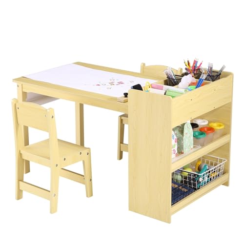 Acekool Set de Mesa y 2 sillas para niños – Escritorio de Madera Multifuncional con estantes amplios, dispensador de Papel, librero Doble Nivel, fácil de Limpiar – Ideal para Dibujar, Leer y Jugar en