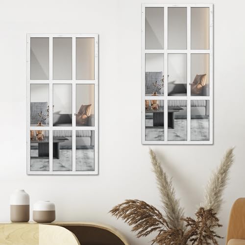 2Pcs Arched Window Mirror Retro Entry Wall Mirror Decal Acrylic Rectangle Windowpane Mirror Wood Framed Mirror Wall Decor for Home(White rectangular)