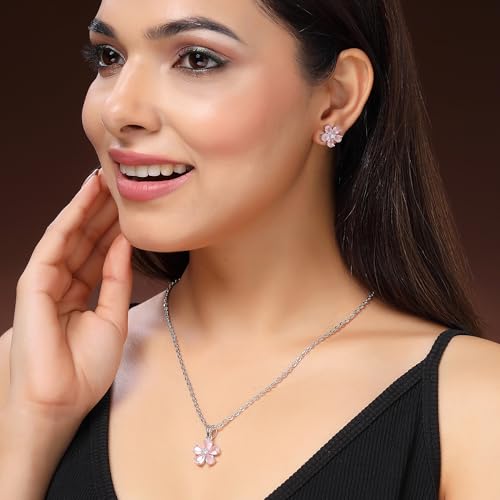 Image of ZENEME Rhodium Plated Silver Toned American Diamond Studded Floral Shaped Pendant Chain With Earrings Jewellery Set For Women And Girls