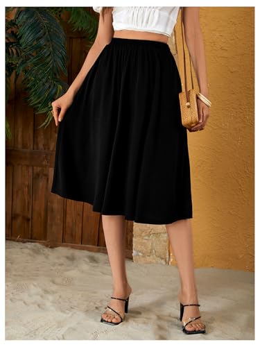 Verdusa Women's Elastic Waist Pocket Side A Line Midi Swing Flared Skirt4