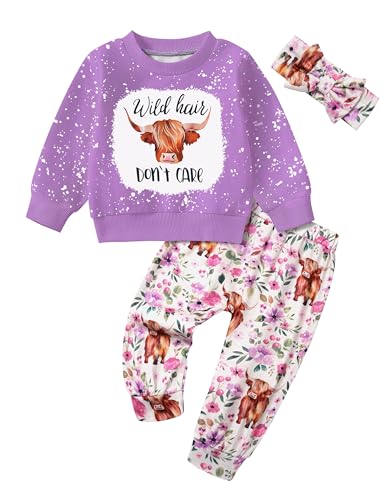 Image of ADIFUN Toddler Girl Clothes Fall Winter Outfits Wild Hair Don't Care Highland Cow Sweatshirt Pants Western Cowgirl Outfit
