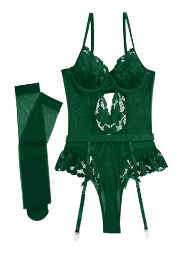 Image of Lilosy Sexy Stocking Lace Mesh Bodysuit Top Underwire Garter Lingerie Set 3 Piece