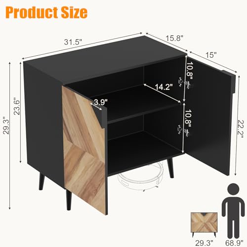 Garvee Modern Storage Free Standing Accent Cabinet, Buffet Cabinet with Doors, Wood Finish Sideboard Buffet with Storage for Dining Room, Entryway, Black+Walnut Grain, 31.5 Inch