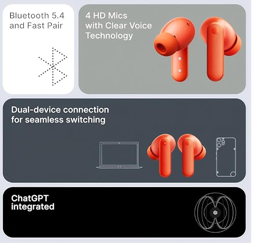 Image of Wireless Earbuds with 42dB ANC | Orange, Bluetooth 5.4 | 35.5H Battery Life | IP54 Water Resistant | 4 HD Mics | ChatGPT Integration | Fast Charging | 12.4mm Bio-Fibre Driver | (NOTH Square) (Orange)