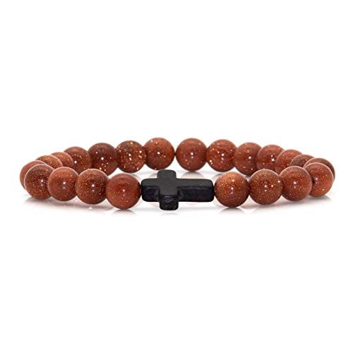 Image of Xusamss Fashion Religious Cross Bracelet 8mm Tiger Eye Turquoise Beads Elastic Bracelet,7 1 /2 wrist