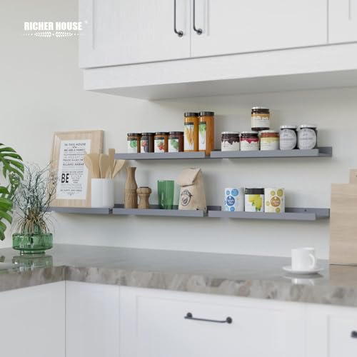 RICHER HOUSE Wandregal Grau, 3er Set Bilderleiste, 40 cm Schweberegal Holz, Regal Wand für Fotorahmen und Dekos, Wohnzimmer, Kinderzimmer, Schlafzimmer, Küche, Badezimmerwand