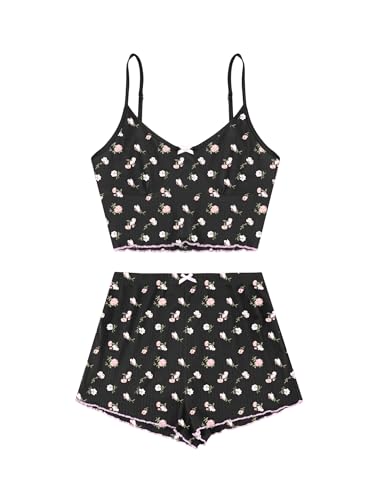 Image of Hilinker Womens Graphic Print Ribbed PJ Set Crop Cami Tops and Shorts Cute Pajamas Set