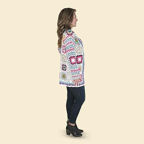 Shop Lc Handmade White With Multicolor Square Pattern Cotton Crochet Outerwear Cardigan For Women Winter Wear Front Open Long Sleeve Warm Sweaters Coat Size 1X Birthday Gifts #TOP2