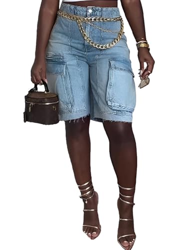 LKOUS Women's Cargo Denim Shorts, Y2K High Waisted Straight Wide Leg Jeans Pants with Pocket