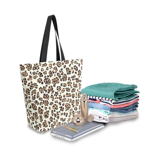 Extra Large Shoulder Tote Bag for Beach Travel Weekender Gym Leopard Print Brown Animal Black Reusable Grocery Canvas Shopping Bag3