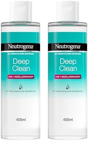 Neutrogena Deep Clean 3-in-1 Mizellenwasser (400 ml), parfümfreie Gesichtsreinigung ohne Alkohol, sanfter Make-Up Entferner ohne Reiben, für alle Hauttypen geeignet (Packung mit 2)