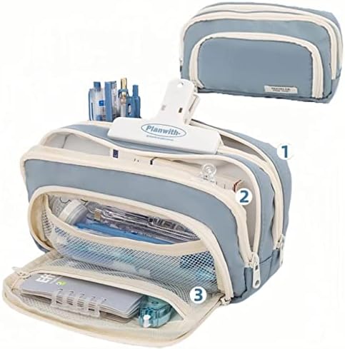 Big Capacity Pencil Case 3 Compartments Large Pencil Pouch Pen Bag Pencil Box Holder Organizer Simple Storage Aesthetic Stationery Cosmetic for Adults Men Women Office Essentials (Blue)