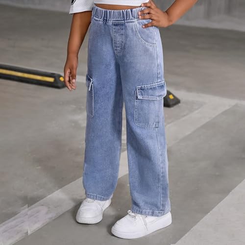 Girls Baggy Wide Leg Denim Pants Teen Elastic Waist Pant Kids Loose Washed High Waisted Denim Trouses with Pockets4
