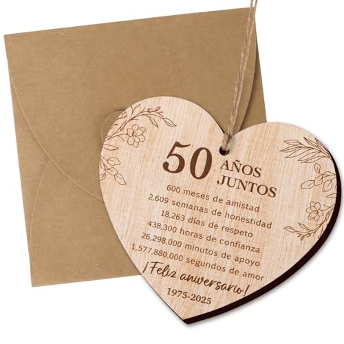 BETESSIN Tarjeta de Madera con Sobre para Boda de Oro, 1 Pieza Adorno Colgante de Aniversario de 50 Años, Tarjeta Feliz 50 Aniversario Regalo para Boda de Oro