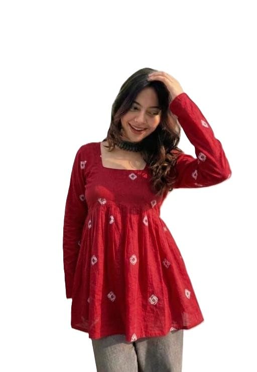 Women's Bandhani Printed Cotton Kurti Top, Square Neck, Full Sleeves, Flared Hem, Ethnic Style-picture-41