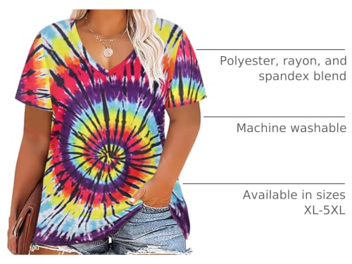 Image of RITERA Women Plus Size Tops Tie Dye V Neck Shirt Floral Camo Summer Short Sleeve Tunic Oversized Ladies Blouse XL-5XL