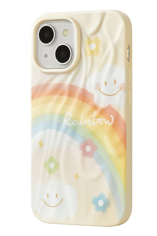 Image of COVERLY for iPhone 15 3D Rainbow Wonderful Day Smile Cloud Wrinkle Phone Case, Luxury Texture Trendy Retro Cute Happy Vibes VIBGYOR Artistic Cool Design -Aesthetic Princess Cover for Apple iPhone 15