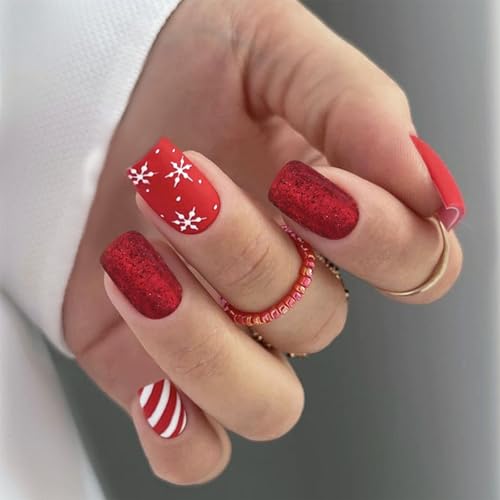IMSOHOT Christmas Press on Short Square Glitter False Nails Red with Snowflake Designs Matte Glue on Acrylic Nails Full Cover Artificial Stick-on Nails for Women 24Pcs