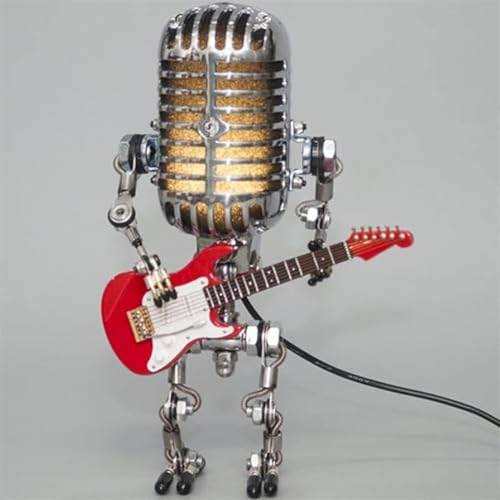 Xmpmrb Vintage Microphone Guitar Robot Lamp Music Gifts for Men Cool Gifts for Music Lovers Vintage Light Home Decor Nightstand Desk Lamp for Bedroom Music Studio (Red)