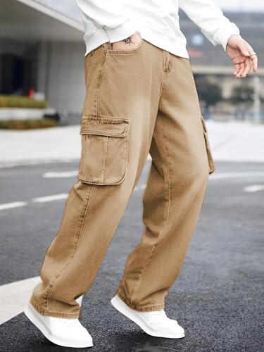 Image of Ben Martin Men's Denim Cotton Cargo Jeans || Stretchable Baggy Fit || High Waist Loose Cargos for Men with Box Pockets || Stylish Gen-Z Streetwear || Sizes 28-40 || Black, Khaki, Grey & More