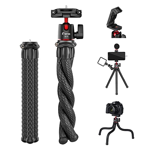 Syvo S-11 Camera Tripod, Flexible Gorilla Tripod Stand with Hidden Phone Holder w Cold Shoe Mount, 1/4'' Screw for Magic Arm, Universal for iPhone 14 13 Pro XS Max Samsung Canon Nikon Sony Cameras