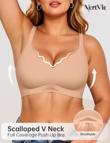 Image of Vertvie Jelly Bras for Women No Underwire Supportive | Seamless Wireless Bralette, Cool Breathable Mesh, Push Up Scalloped V-Neck, Full Coverage Tshirt Bra, Soft Comfortable