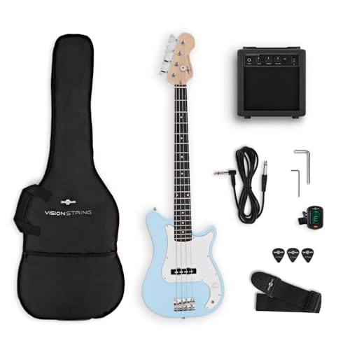 VISIONSTRING Kit Guitare Basse Electrique 3/4 pour Enfants avec Ampli 10W et Accessoires - Pack Complet Bleu